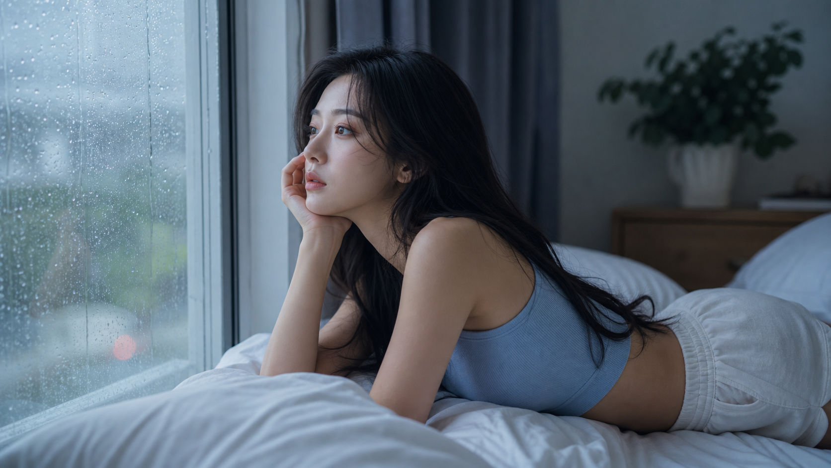 Photo bed058: rainy day daydreaming